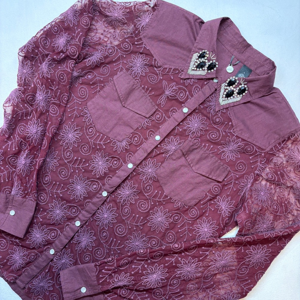 BKE Boutique Womens Western Rhinestone‎ Embroidered Purple Long Sleeve Shirt L